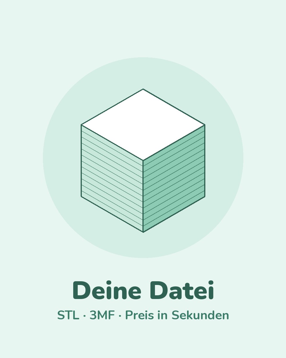 Illustration: Würfel mit Druckschichten, Text Deine Datei – STL, 3MF, Preis in Sekunden