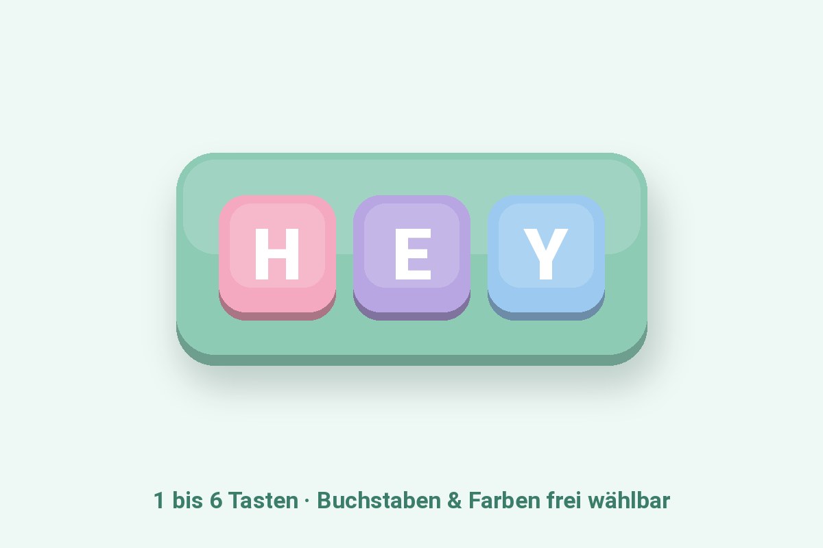 Mintfarbener Fidget Clicker mit den Tasten H, E, Y in Rosa, Lavendel und Himmelblau