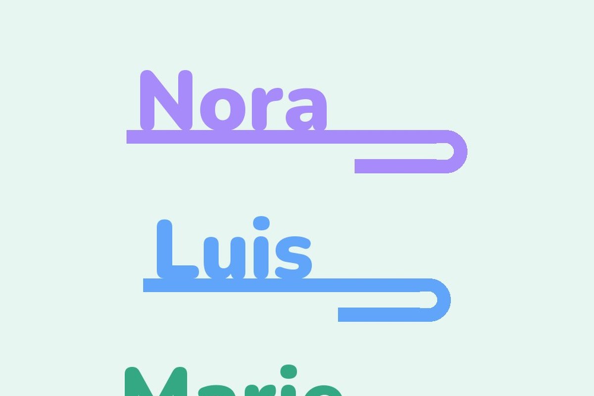 Drei Glasmarker mit den Namen Nora, Luis und Marie in Lila, Blau und Grün, jeweils mit Klammer