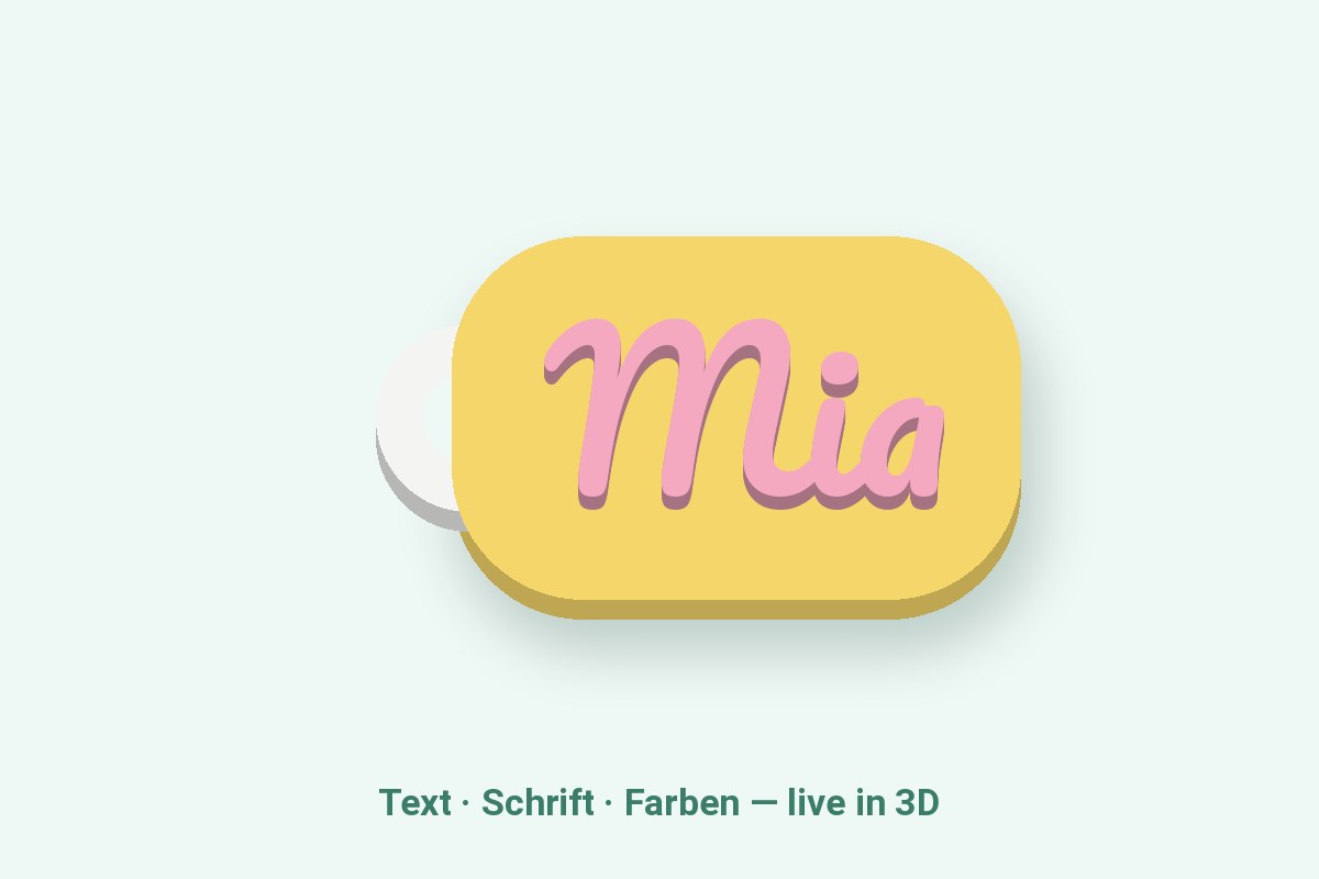 Gelber Namensanhänger mit rosa Schriftzug „Mia“ in Schreibschrift und Öse