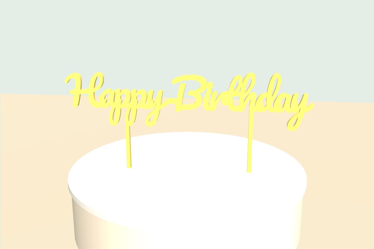 Gelber Tortenstecker „Happy Birthday“ in Schreibschrift steckt in einer Torte
