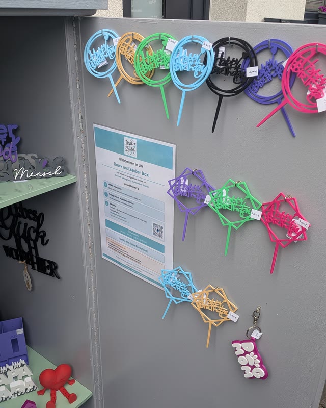 Bunte Kranz-Anhänger und Schlüsselanhänger an der Innentür der Box